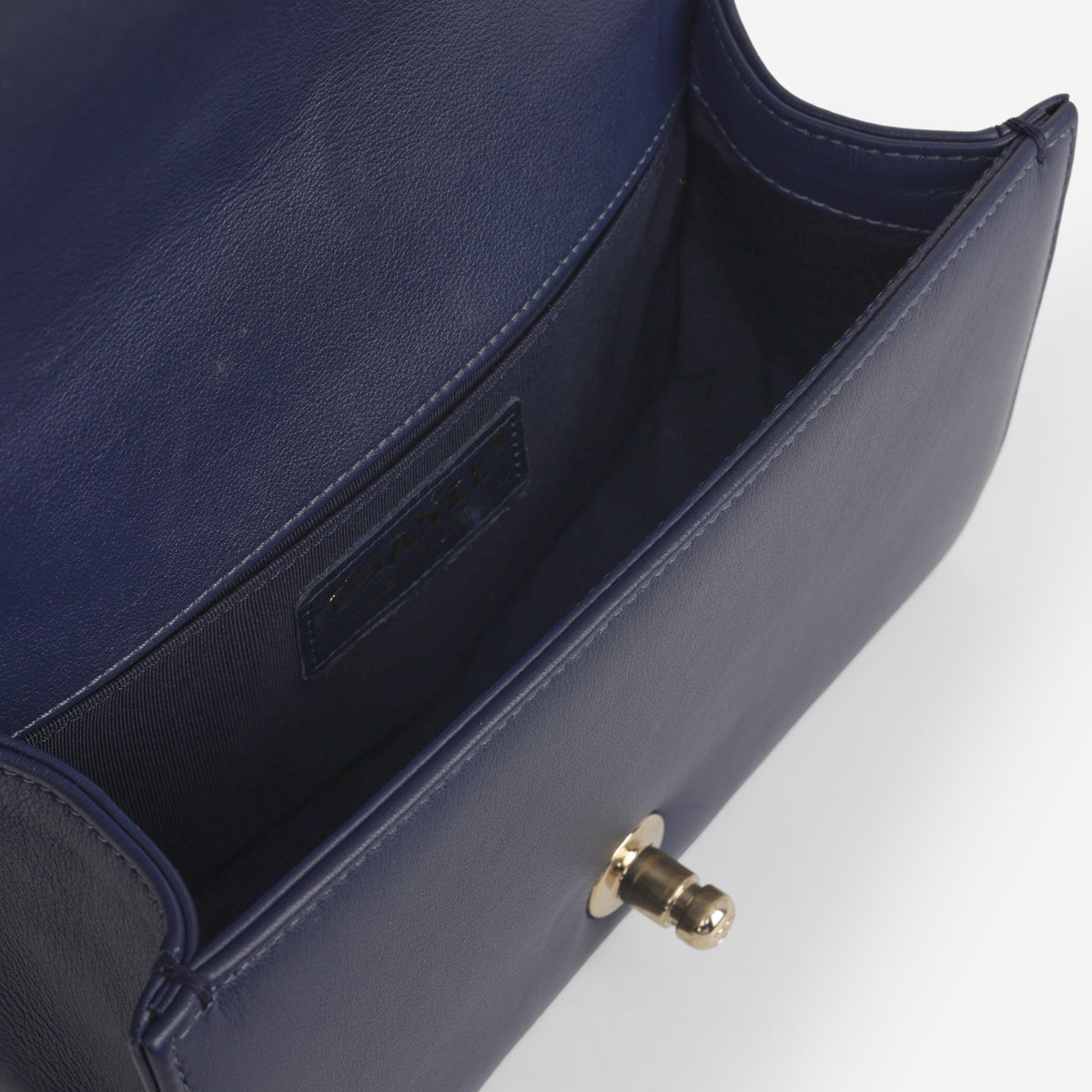 Chanel Small Boy Bag - Navy Lambskin | Champagne Gold Hardware