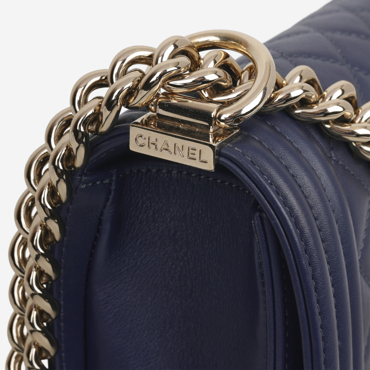 Chanel Small Boy Bag - Navy Lambskin | Champagne Gold Hardware