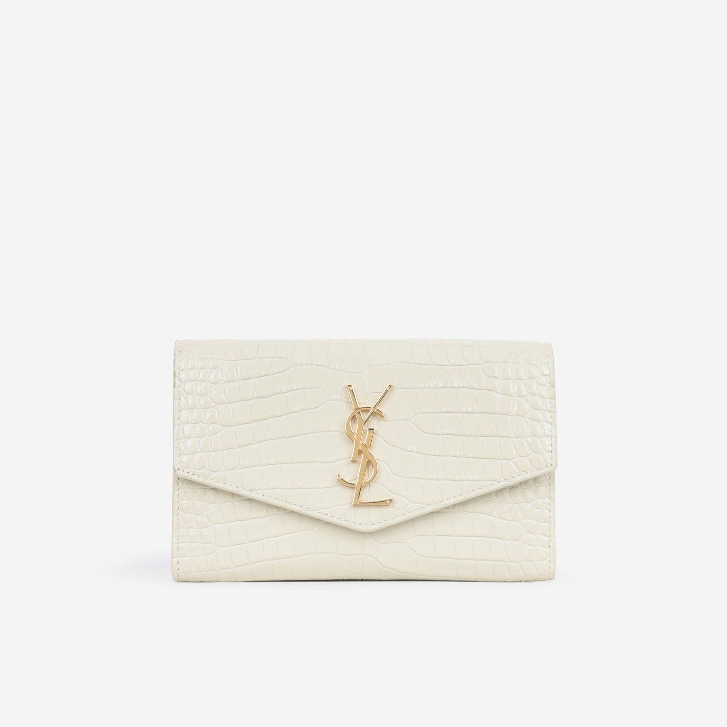 Saint Laurent Uptown Chain Wallet - Ivory Croc Embossed | Gold Hardware