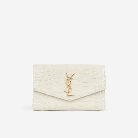 Saint Laurent Uptown Chain Wallet - Ivory Croc Embossed | Gold Hardware