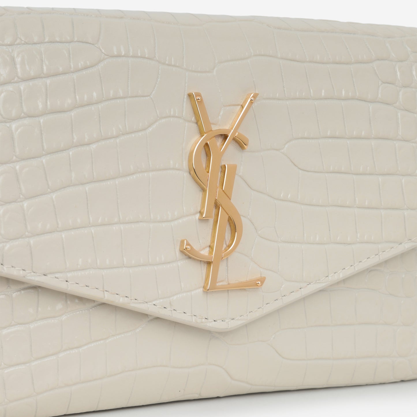 Saint Laurent Uptown Chain Wallet - Ivory Croc Embossed | Gold Hardware