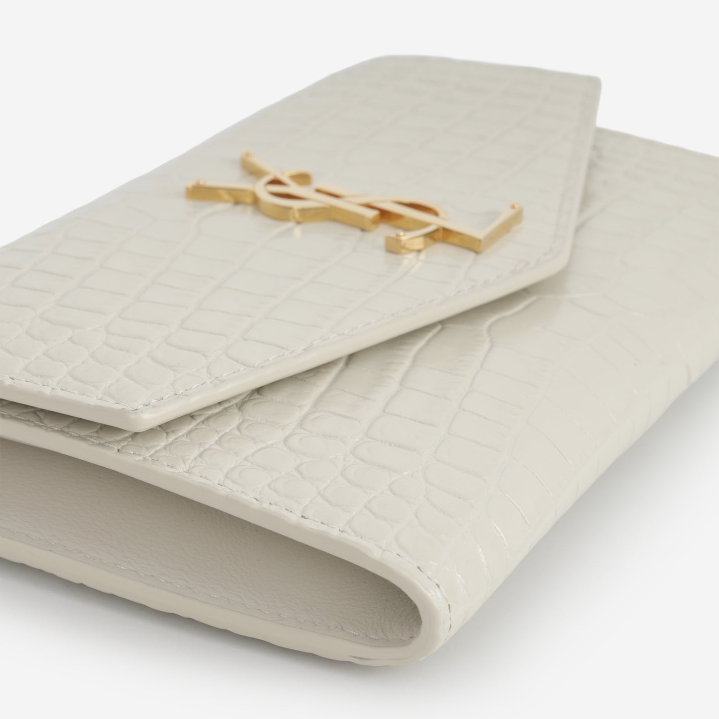 Saint Laurent Uptown Chain Wallet - Ivory Croc Embossed | Gold Hardware
