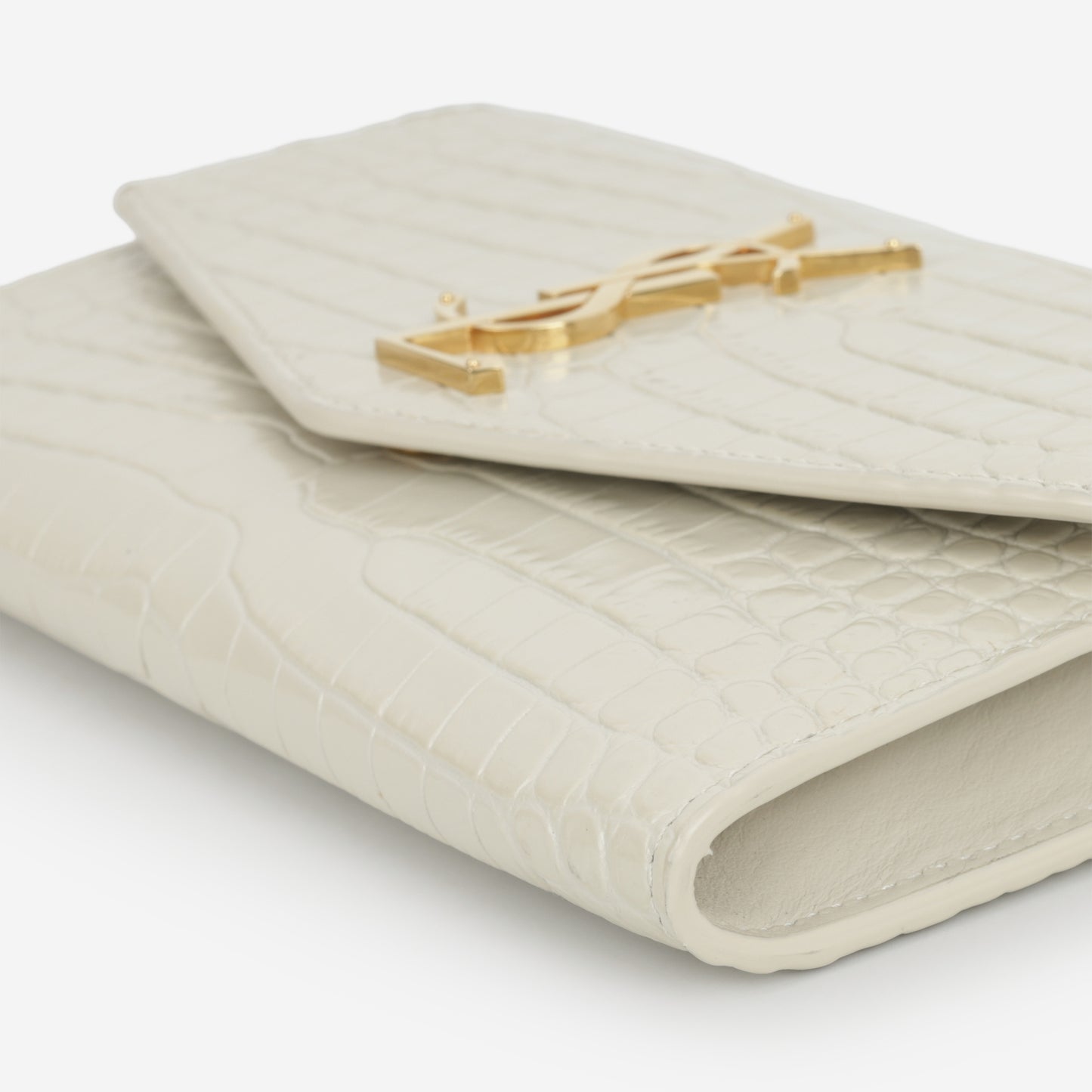Saint Laurent Uptown Chain Wallet - Ivory Croc Embossed | Gold Hardware