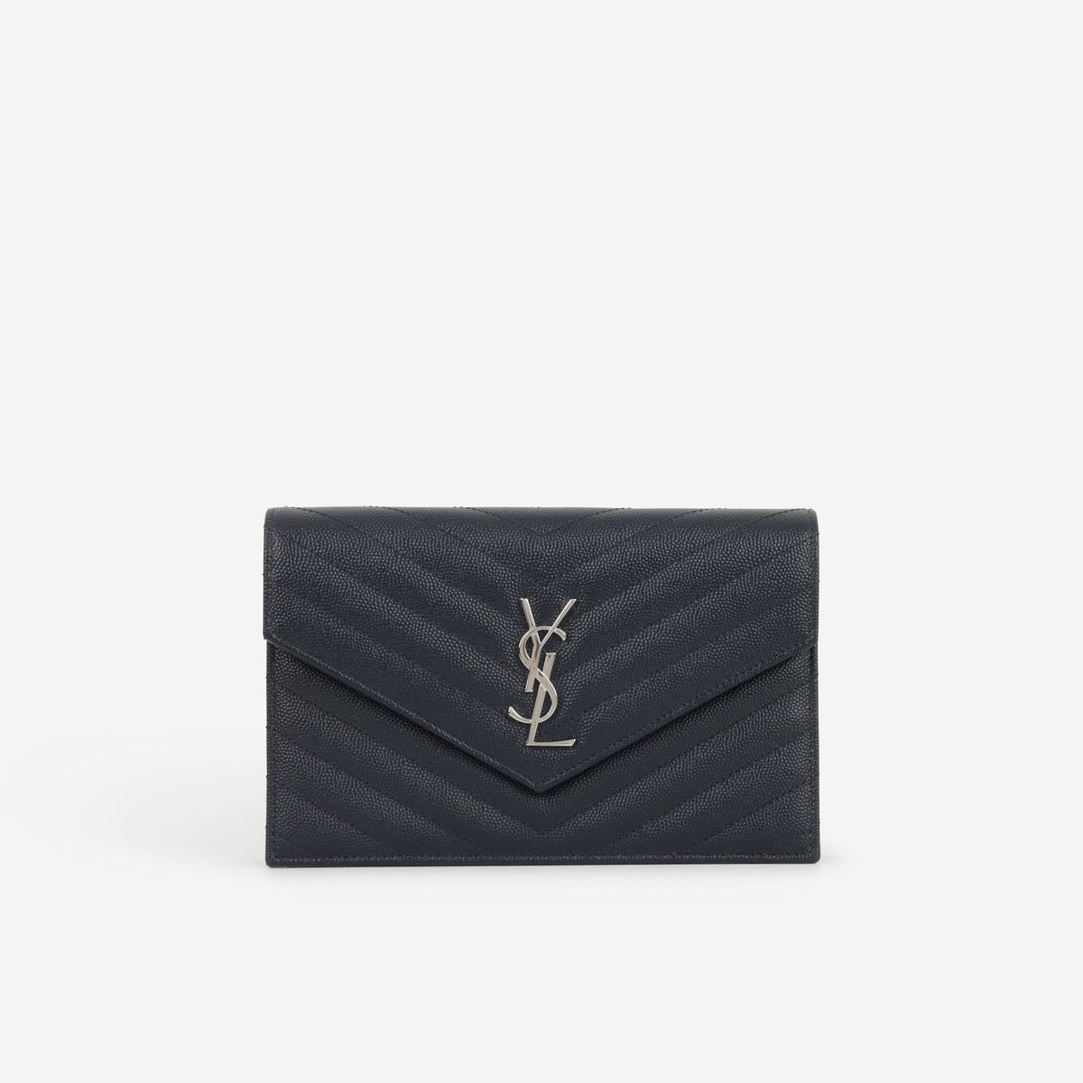 Saint Laurent Cassandre Envelope WOC – Navy Grained Calfskin | Silver Hardware