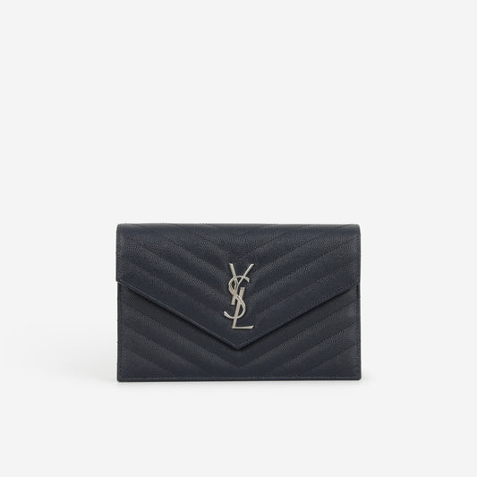 Saint Laurent Cassandre Envelope WOC – Navy Grained Calfskin | Silver Hardware