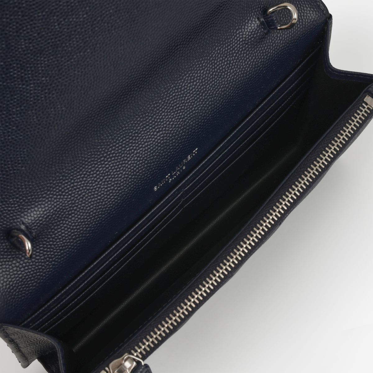 Saint Laurent Cassandre Envelope WOC – Navy Grained Calfskin | Silver Hardware