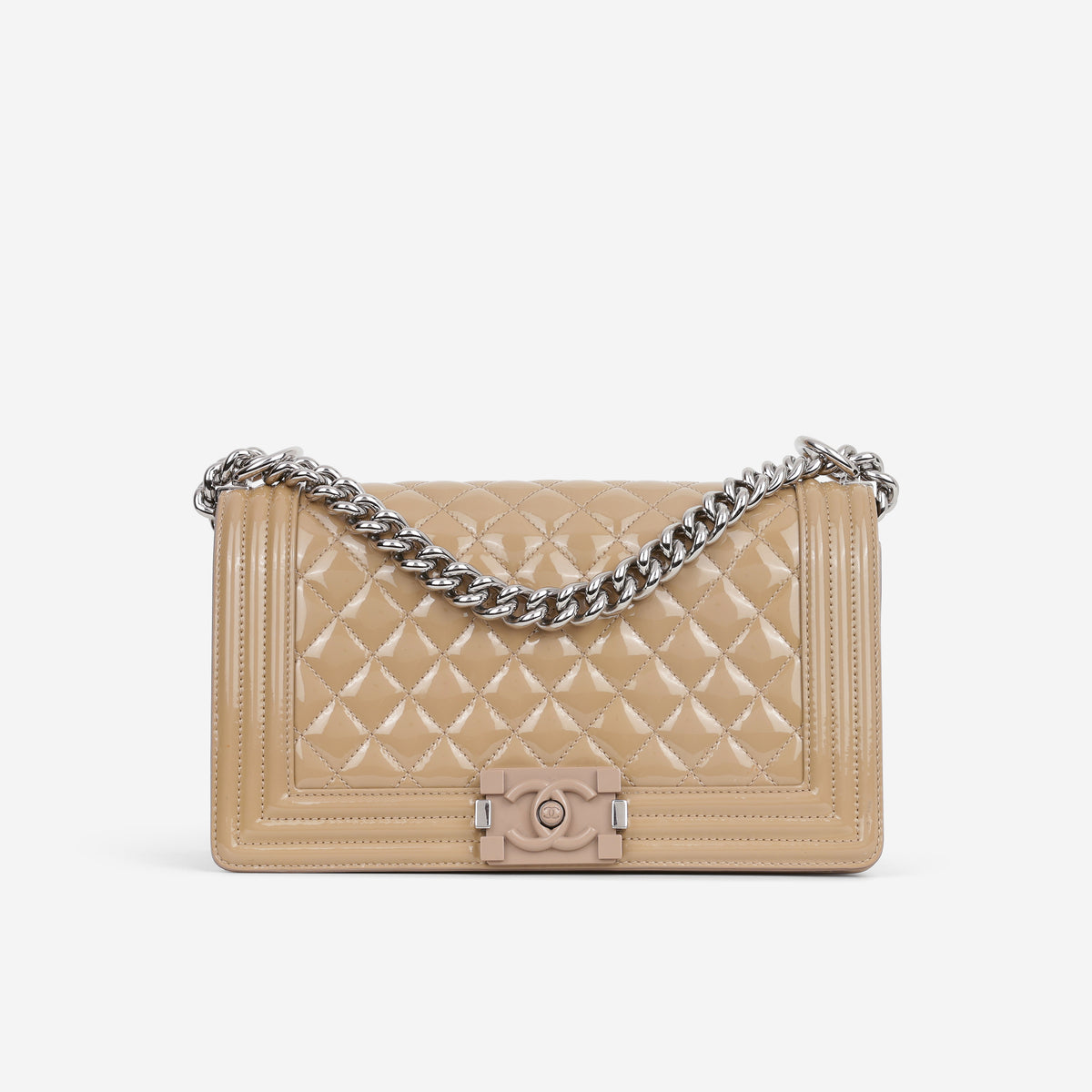 Chanel Old Medium Boy Bag - Beige Patent | Silver Hardware