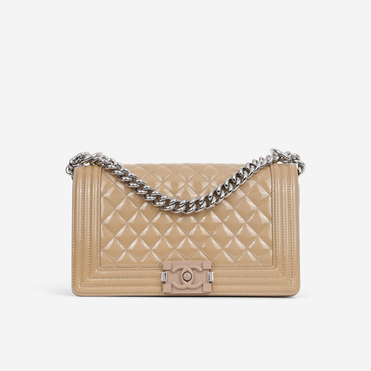Chanel Old Medium Boy Bag - Beige Patent | Silver Hardware