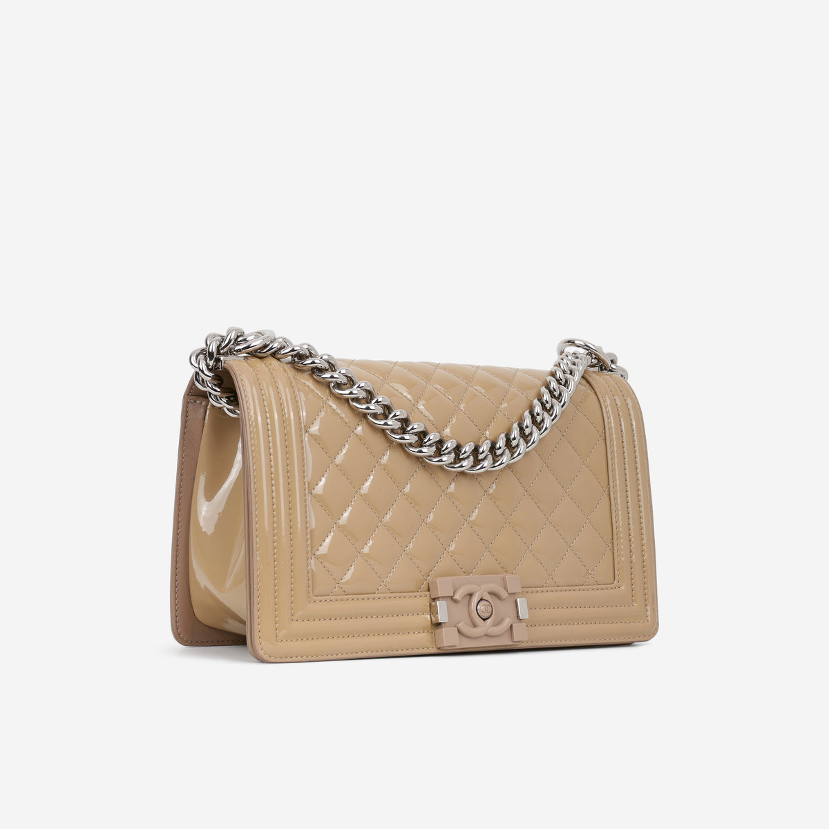 Chanel Old Medium Boy Bag - Beige Patent | Silver Hardware