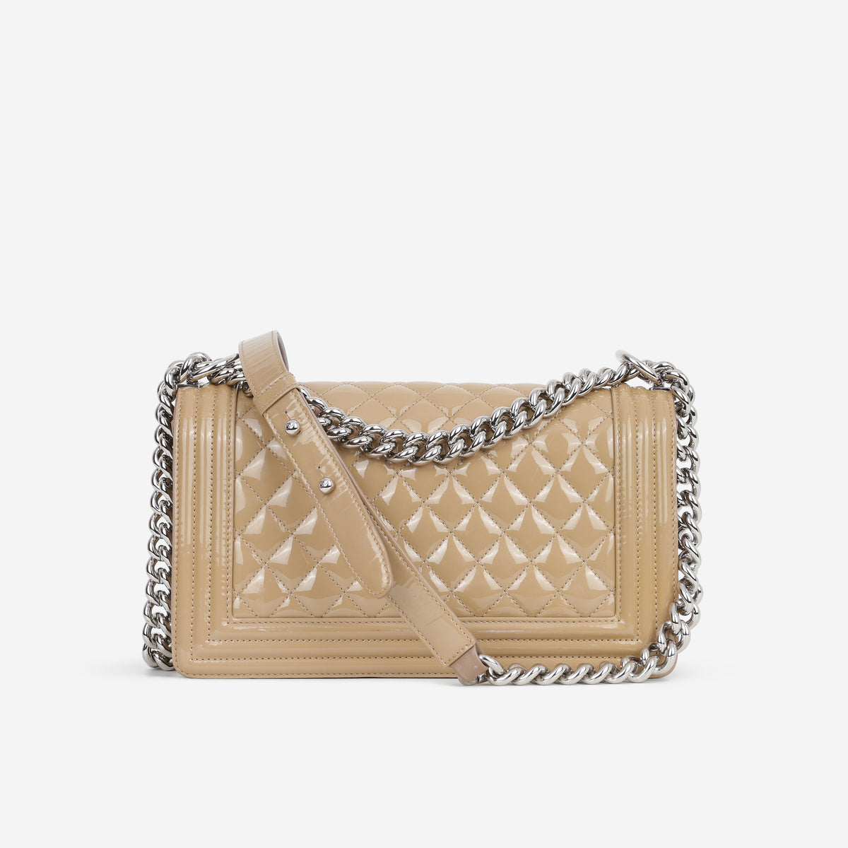 Chanel Old Medium Boy Bag - Beige Patent | Silver Hardware