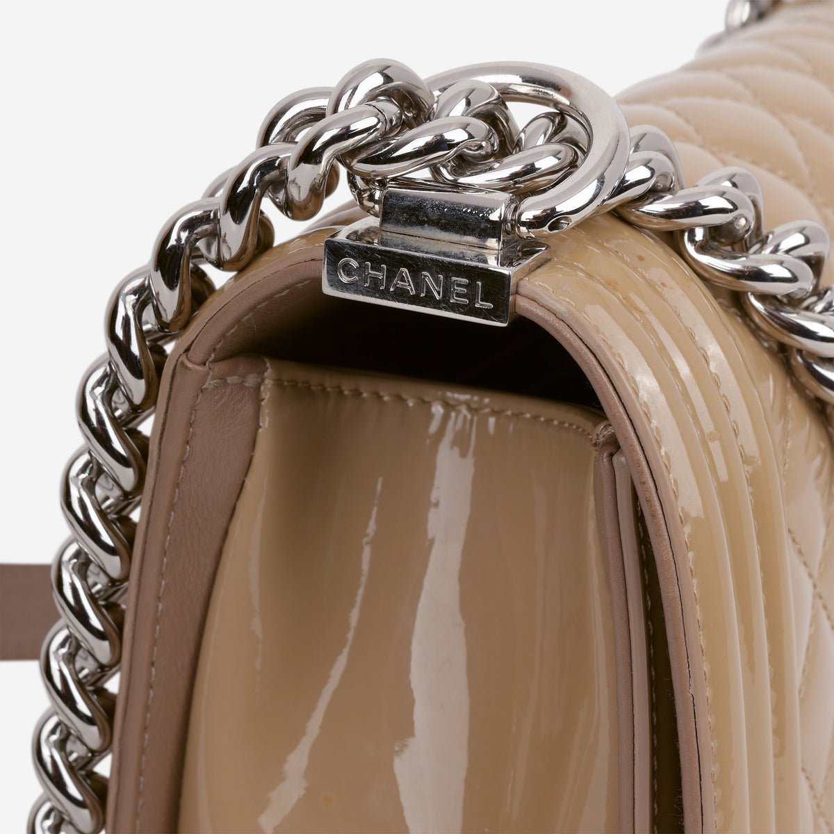 Chanel Old Medium Boy Bag - Beige Patent | Silver Hardware