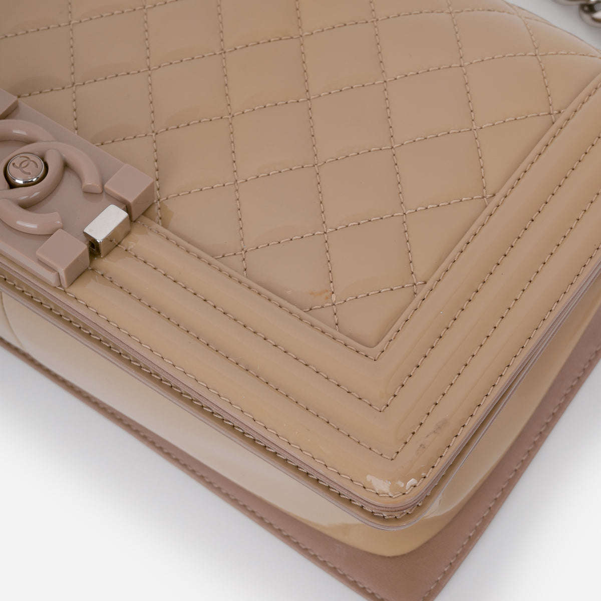 Chanel Old Medium Boy Bag - Beige Patent | Silver Hardware