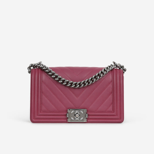 Chanel Old Medium Boy Bag - Dark Pink Lambskin | Gunmetal Hardware