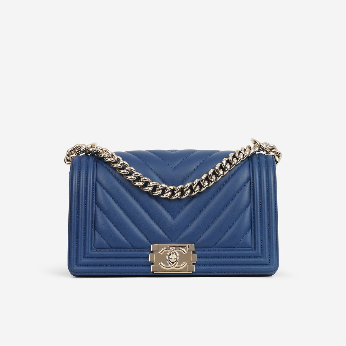 Chanel Old Medium Boy Bag - Blue Chevron Lambskin | Champagne Gold Hardware