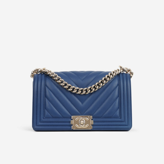 Chanel Old Medium Boy Bag - Blue Chevron Lambskin | Champagne Gold Hardware