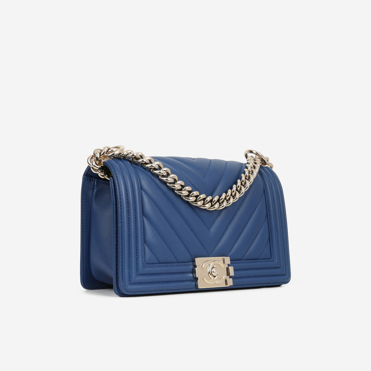 Chanel Old Medium Boy Bag - Blue Chevron Lambskin | Champagne Gold Hardware