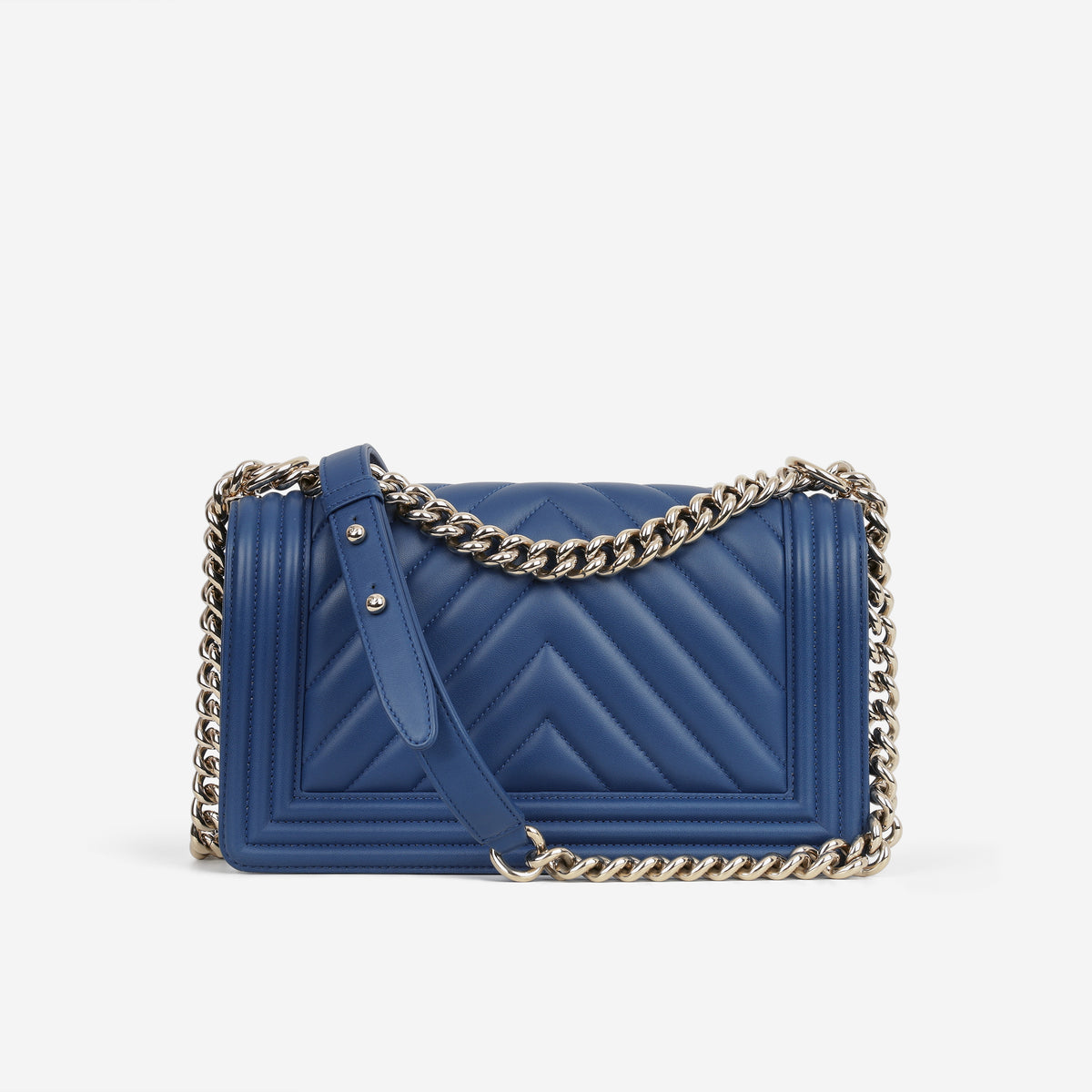 Chanel Old Medium Boy Bag - Blue Chevron Lambskin | Champagne Gold Hardware