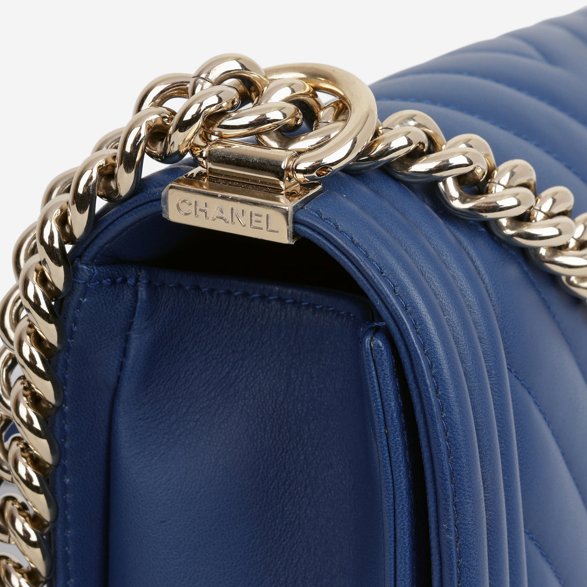 Chanel Old Medium Boy Bag - Blue Chevron Lambskin | Champagne Gold Hardware