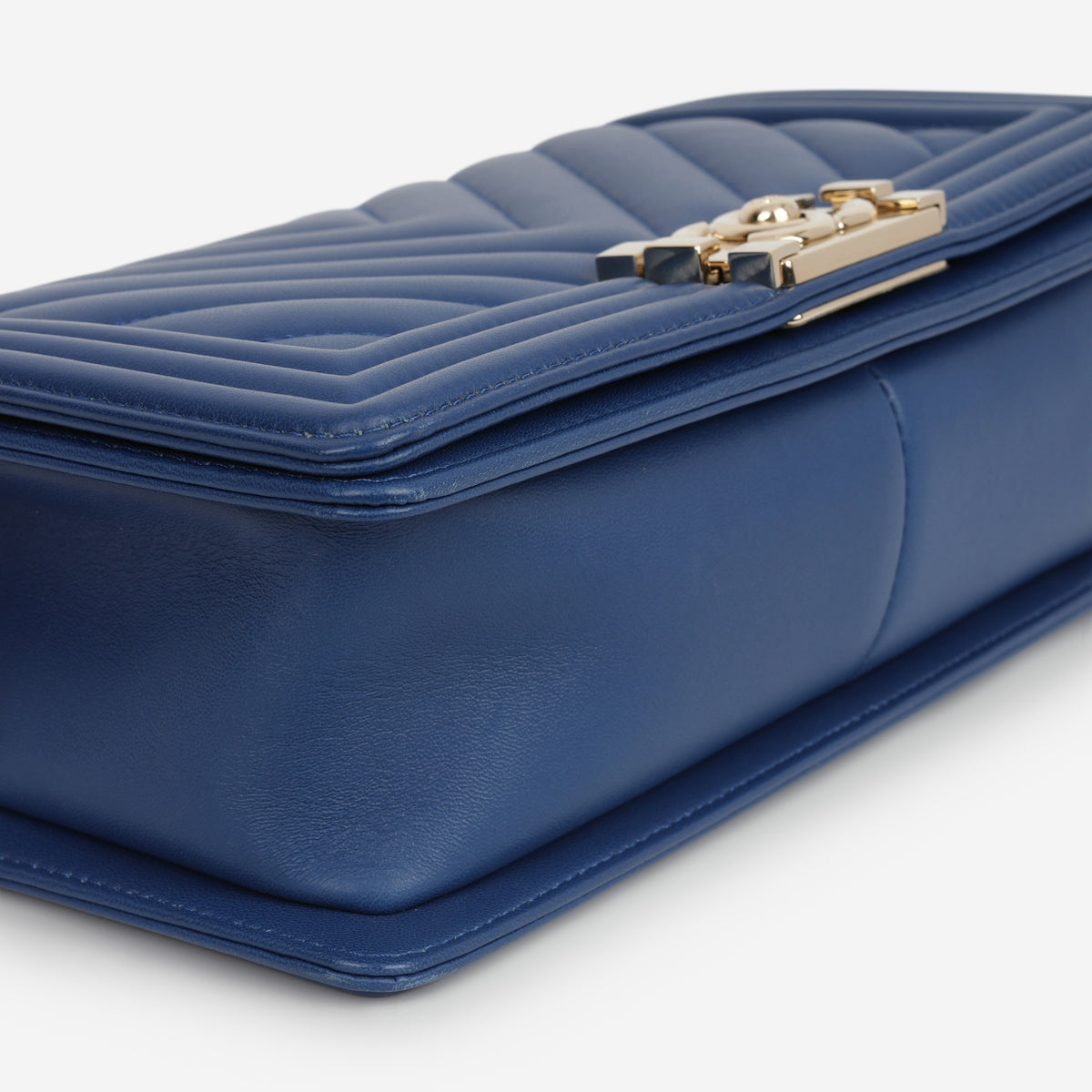 Chanel Old Medium Boy Bag - Blue Chevron Lambskin | Champagne Gold Hardware