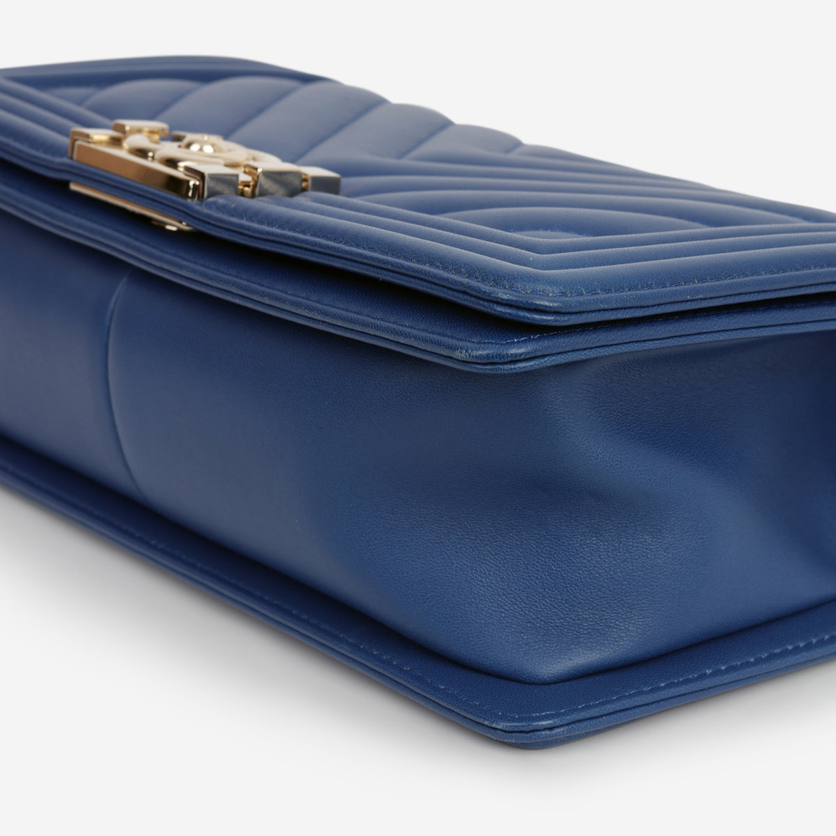 Chanel Old Medium Boy Bag - Blue Chevron Lambskin | Champagne Gold Hardware