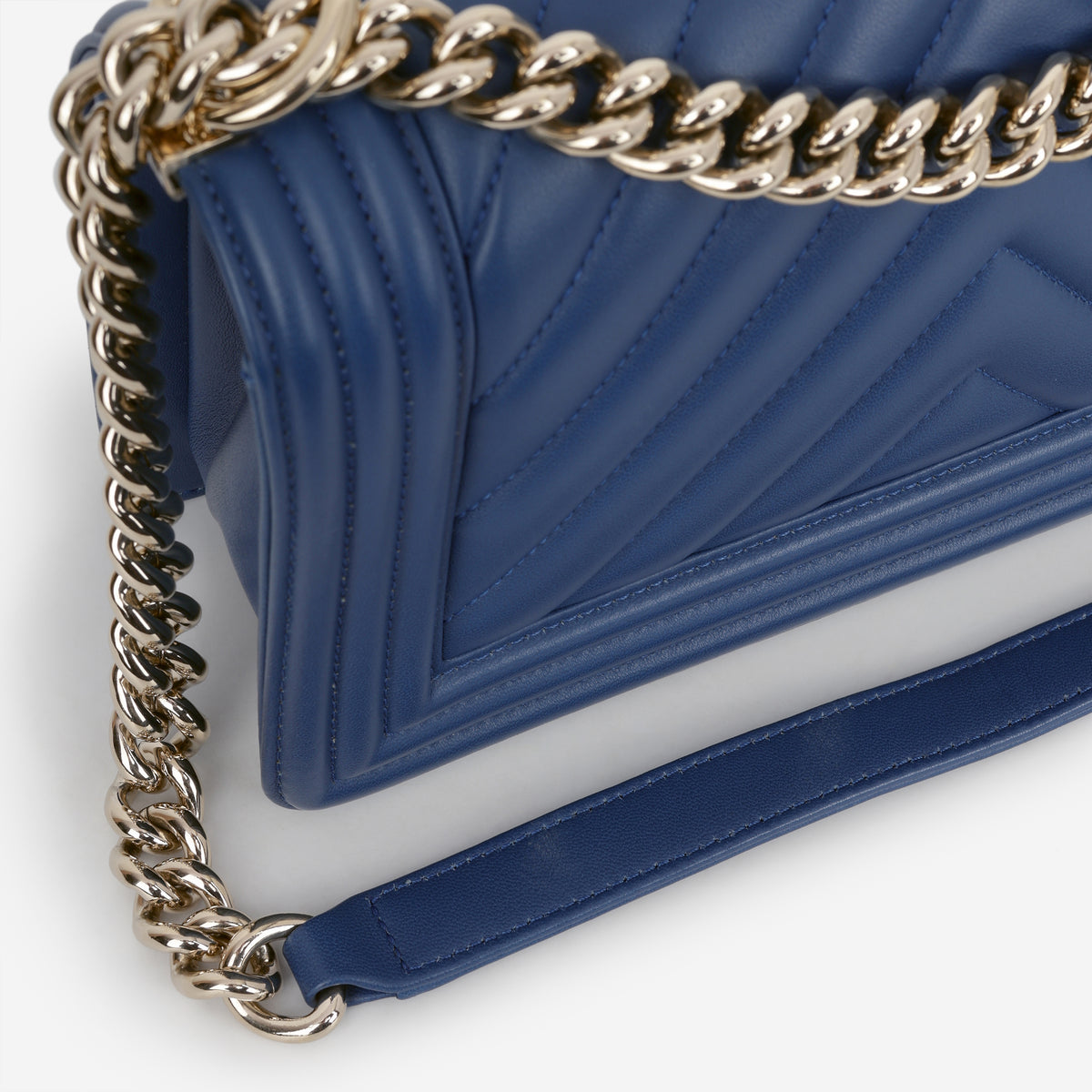 Chanel Old Medium Boy Bag - Blue Chevron Lambskin | Champagne Gold Hardware