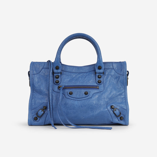 Balenciaga Small Le City Bag - Mineral Blue Crumpled Lambskin | Brass Hardware - Bagista