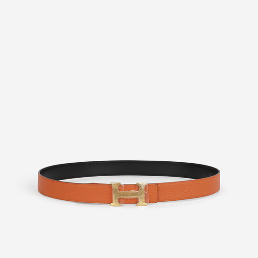Hermès Constance Belt - Reversible Orange Togo / Noir Box Strap | Gold Hardware