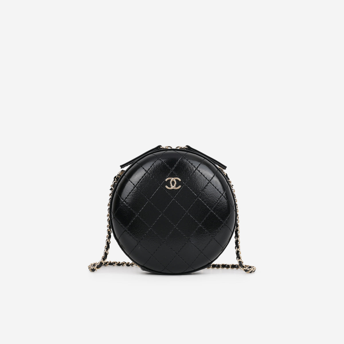 Chanel Round Clutch on Chain - Black Shiny Calfskin | Champagne Gold Hardware