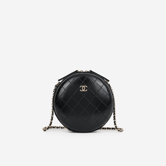 Chanel Round Clutch on Chain - Black Shiny Calfskin | Champagne Gold Hardware