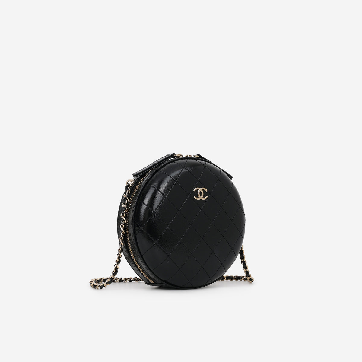 Chanel Round Clutch on Chain - Black Shiny Calfskin | Champagne Gold Hardware