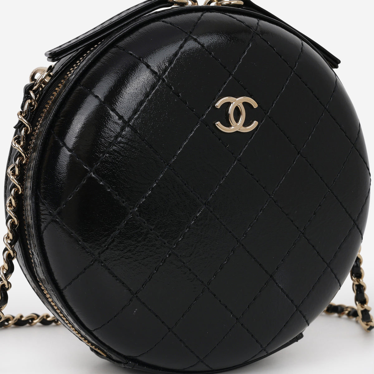 Chanel Round Clutch on Chain - Black Shiny Calfskin | Champagne Gold Hardware