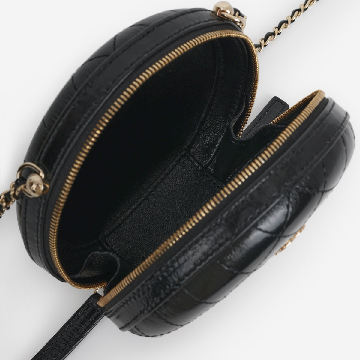 Chanel Round Clutch on Chain - Black Shiny Calfskin | Champagne Gold Hardware