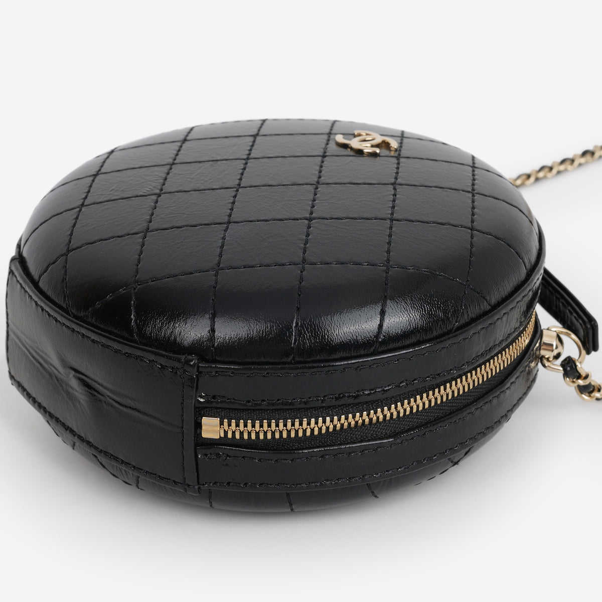 Chanel Round Clutch on Chain - Black Shiny Calfskin | Champagne Gold Hardware