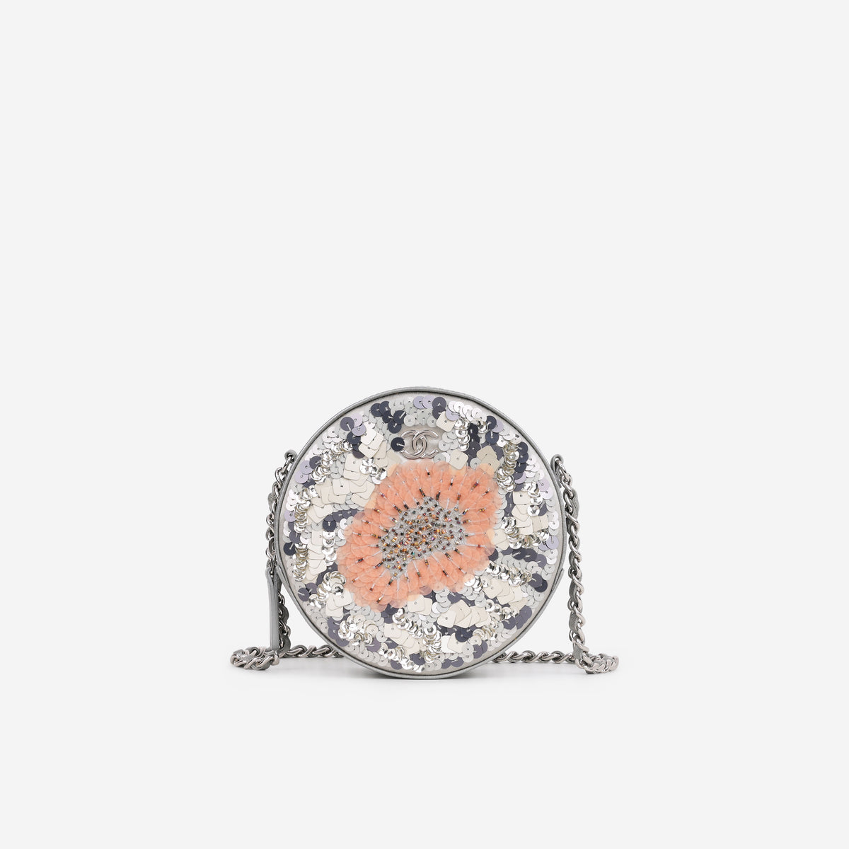 Chanel Round Clutch on Chain - Peach/Silver Flower Sequin / Lambskin | Silver Hardware