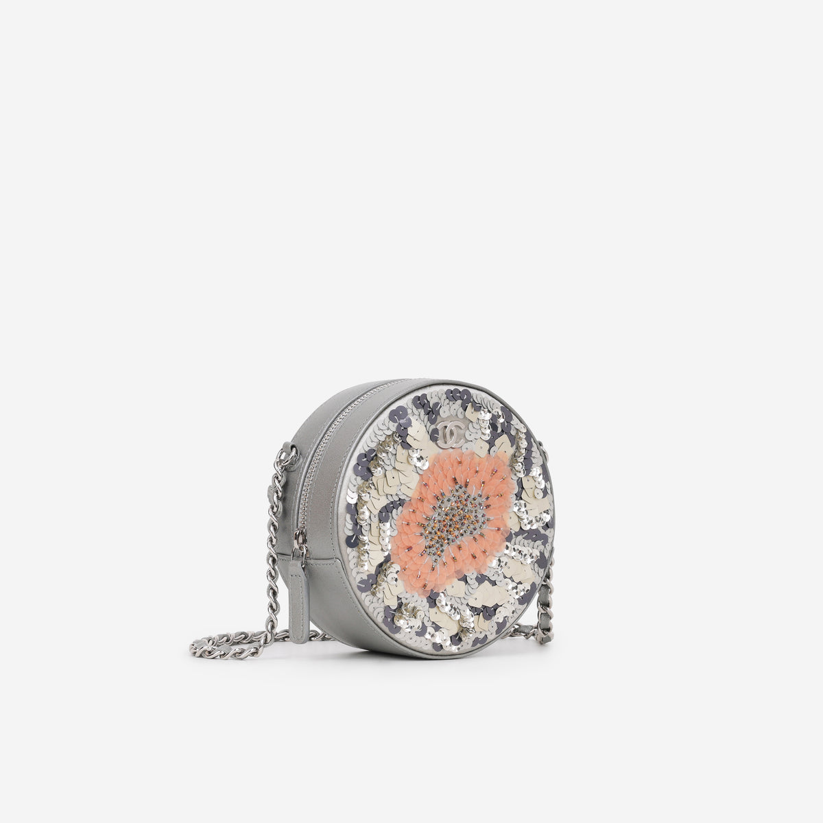 Chanel Round Clutch on Chain - Peach/Silver Flower Sequin / Lambskin | Silver Hardware
