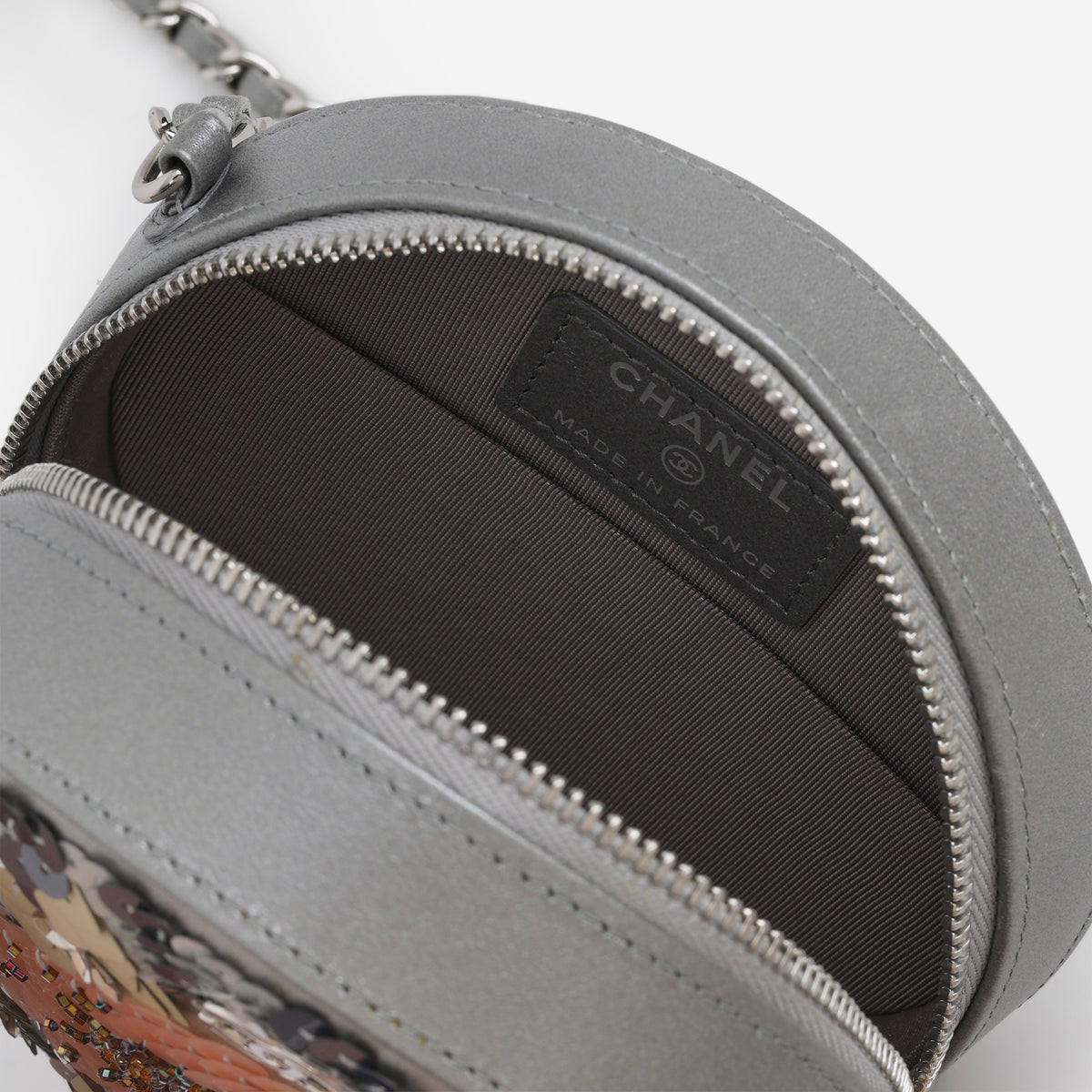 Chanel Round Clutch on Chain - Peach/Silver Flower Sequin / Lambskin | Silver Hardware