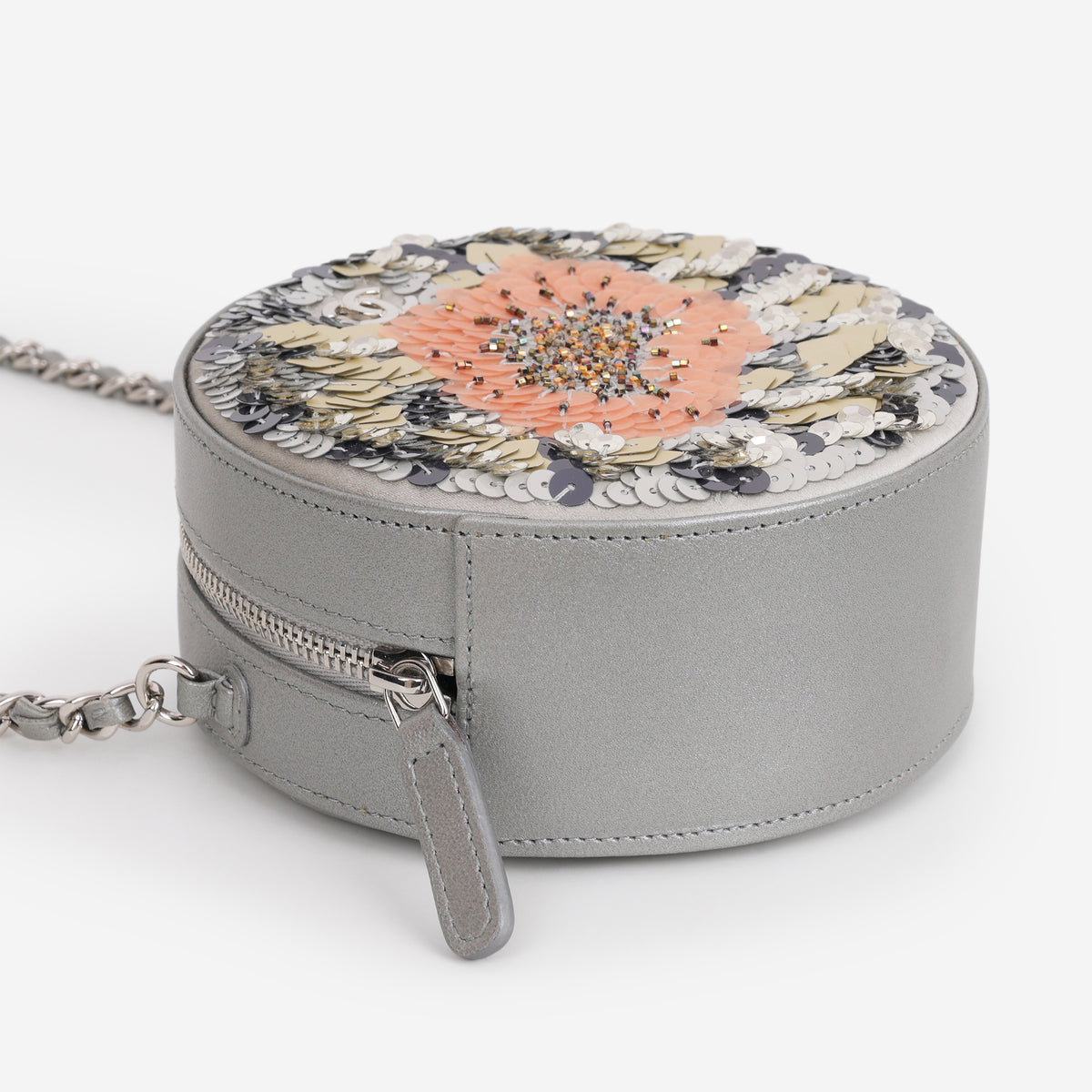 Chanel Round Clutch on Chain - Peach/Silver Flower Sequin / Lambskin | Silver Hardware