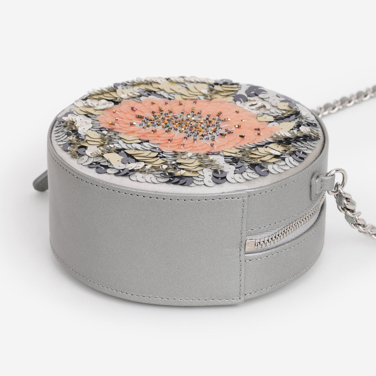 Chanel Round Clutch on Chain - Peach/Silver Flower Sequin / Lambskin | Silver Hardware