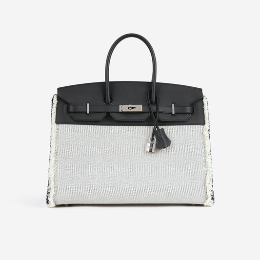 Hermès Birkin 35 Fray Fray - Ecru Noir Twill H / Noir Swift | Palladium Hardware