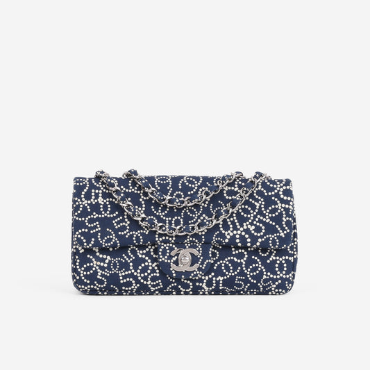 Chanel East-West Classic Single Flap Bag - "CC NO.5" Navy Printed Canvas | Silver Hardware - Bagista