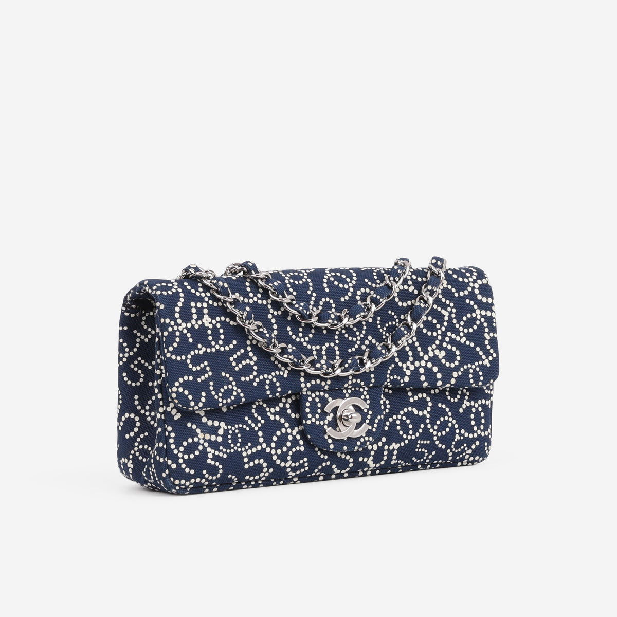 Chanel East-West Classic Single Flap Bag - "CC NO.5" Navy Printed Canvas | Silver Hardware - Bagista