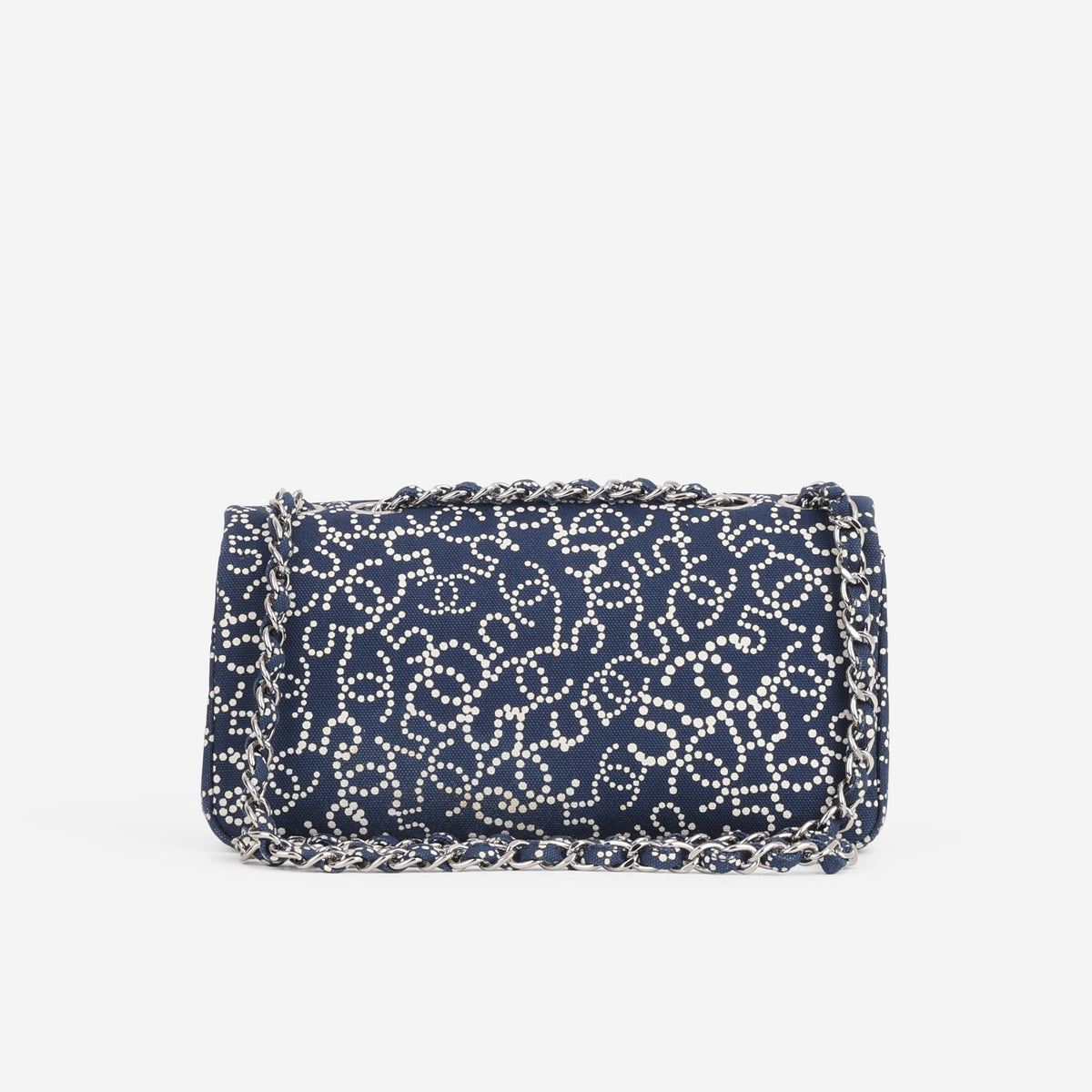 Chanel East-West Classic Single Flap Bag - "CC NO.5" Navy Printed Canvas | Silver Hardware - Bagista