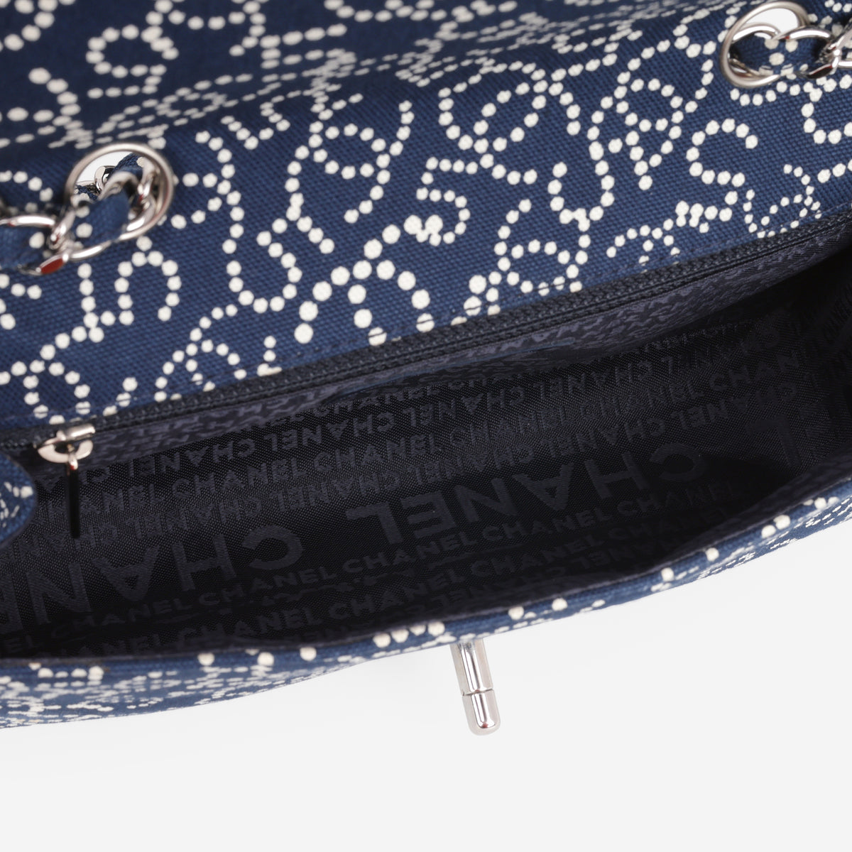 Chanel East-West Classic Single Flap Bag - "CC NO.5" Navy Printed Canvas | Silver Hardware - Bagista