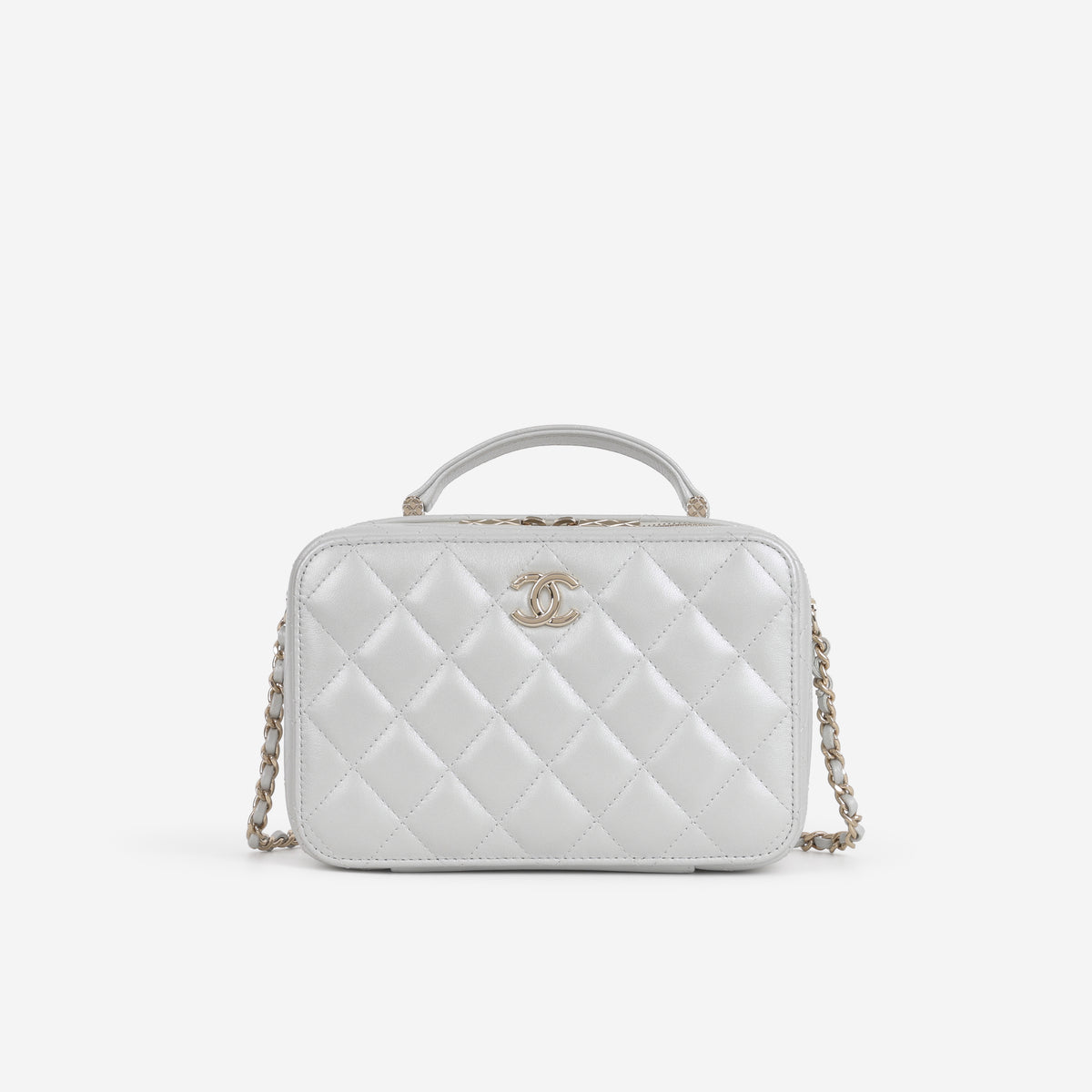 Chanel Top Handle Vanity Case - Silver Metallic Lambskin | Champagne Gold Hardware