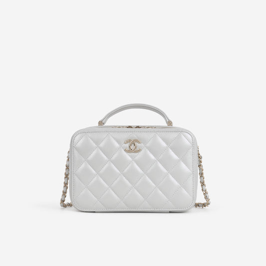 Chanel Top Handle Vanity Case - Silver Metallic Lambskin | Champagne Gold Hardware