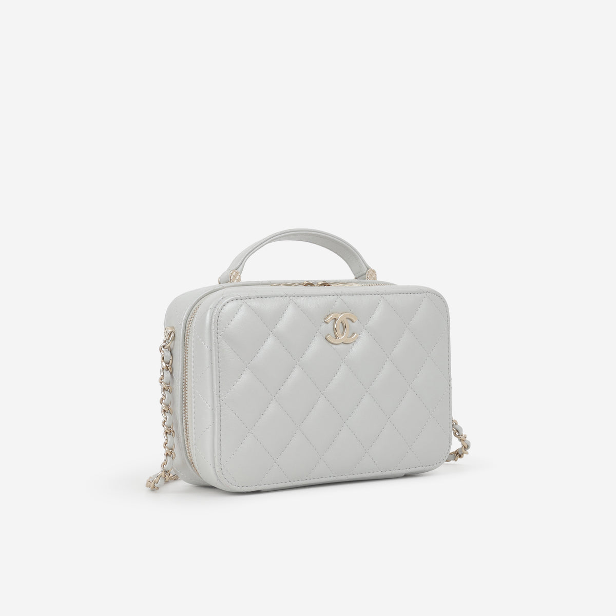 Chanel Top Handle Vanity Case - Silver Metallic Lambskin | Champagne Gold Hardware