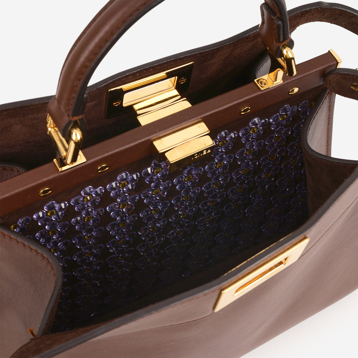 Fendi Small Peekaboo ISeeU - Brown Calfskin / Blooming Crystals | Gold Hardware