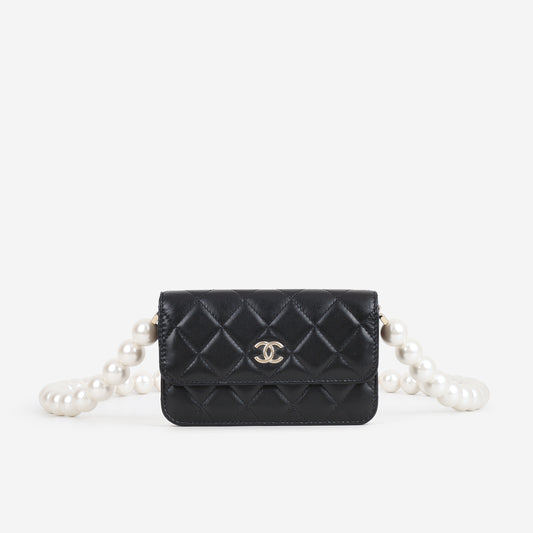 Chanel Maxi Pearl Clutch On Chain - Black Lambskin | Champagne Gold Hardware