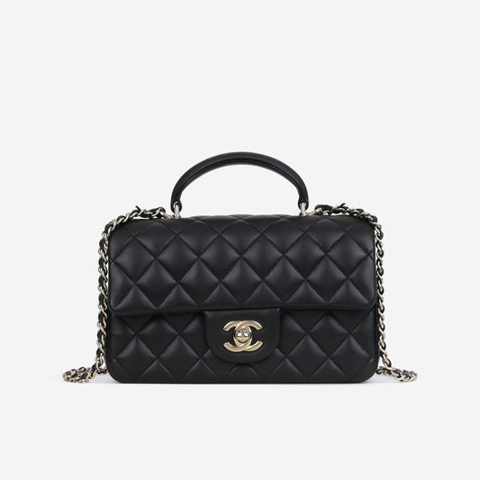Chanel Mini Rectangular Top Handle - Black Lambskin | Champagne Gold Hardware