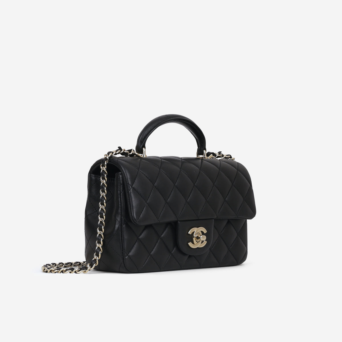 Chanel Mini Rectangular Top Handle - Black Lambskin | Champagne Gold Hardware